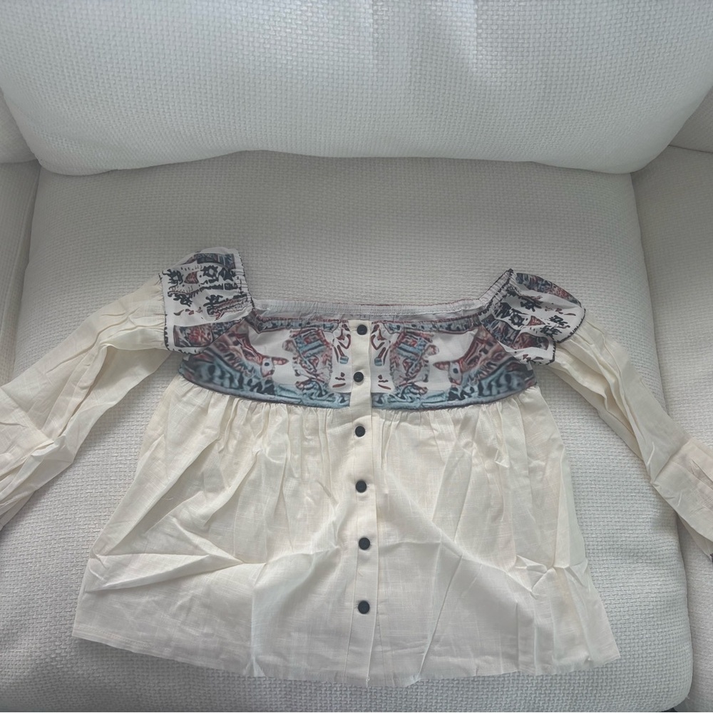 Boho Cream Blouse with Patterned Neckline